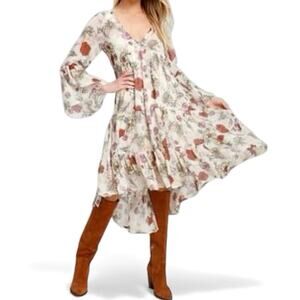 Lulus belina beige floral midi dress boho flowy feminine bell sleeve cocktail
